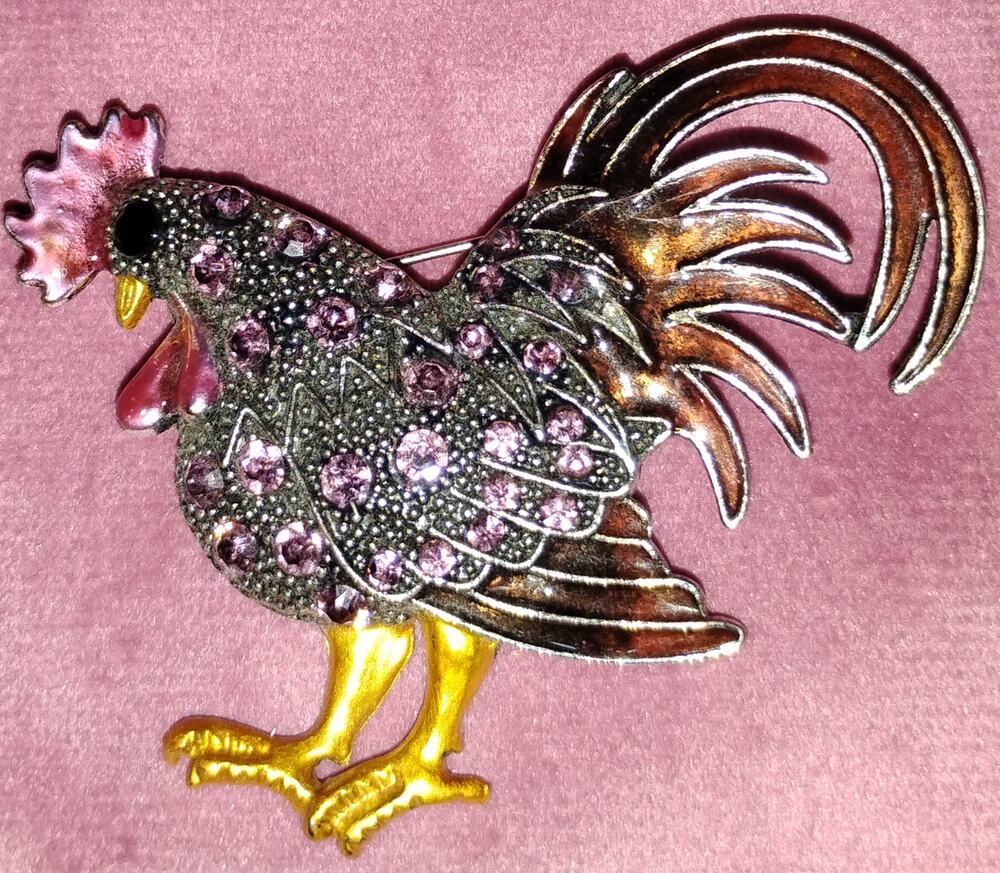 Vintage 1960s Pink Rhinestone Rooster Brooch | Large 2.5" Enamel Chicken Pin